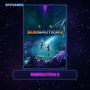 Può includere: Un poster digitale rettangolare per il videogioco Subnautica 2 con il testo SPIFGAMES in alto a sinistra e SUBNAUTICA 2 al centro. Due subacquei nuotano in un ambiente sottomarino blu scuro con flora luminosa e una grande creatura.