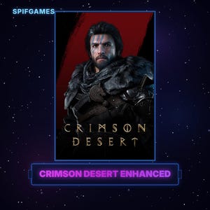 May include: A digital poster for Crimson Desert Enhanced featuring a bearded character with dark hair and blue facial markings, wearing a dark fur-lined cloak and armour. The text SPIFGAMES appears at the top, with CRIMSON DESERT below the character.