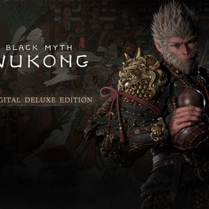 Pode incluir: Um gráfico promocional digital para Black Myth Wukong Digital Deluxe Edition com um guerreiro símio em armadura dourada e escura segurando uma cabaça marrom. O texto Black Myth Wukong Digital Deluxe Edition é exibido.