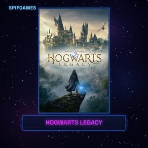 Könnte beinhalten: Ein Videospiel-Cover für Hogwarts Legacy mit einer Kapuzenfigur auf einer Klippe, die einen leuchtenden blauen Zauberstab hält. Das Schloss Hogwarts ist im Hintergrund unter einem bewölkten Himmel zu sehen. Der Text SPIFGAMES und HOGWARTS LEGACY ist sichtbar.