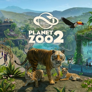 以下が含まれることがあります： Planet Zoo 2のデジタルイラスト。岩棚の上に立つ大きなトラと2頭の子供のトラが描かれています。背景には遊歩道、水場、山々がある緑豊かな動物園の風景が広がり、空にはオオハシが飛んでいます。