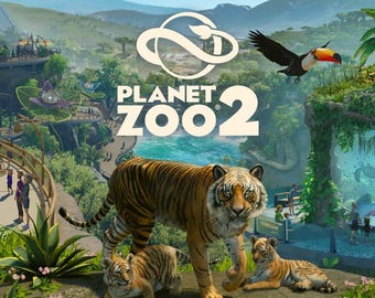 May include: A digital illustration for Planet Zoo 2 featuring a large tiger standing over two tiger cubs on a rocky ledge. A toucan flies in the sky above a lush zoo landscape with walkways, water, and mountains in the background.