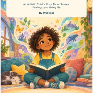 以下が含まれることがあります： Wallikiki著の書籍「How My Brain Works: An Autistic Child's Story About Senses, Feelings, and Being Me」。表紙には、本を読んでいる巻き毛の子供が描かれており、その周りには自然や猫のカラフルなイラストが添えられています。