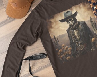 Old West Cowboy Long Sleeve Shirt, Halloween Skeleton Tshirt, Mens Vintage T-Shirt, Western Mexican Cowboy Fall Top, Graphic Unique Western