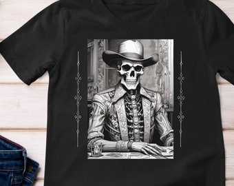 T-shirt graphique squelette de cow-boy occidental T-shirt look Old West Chemise homme cadeau Chemise à manches courtes Chemise artistique en coton foncé