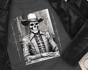 T-shirt en coton avec squelette de cow-boy et côté obscur T-shirt graphique cadeau Chemise à manches longues Old West