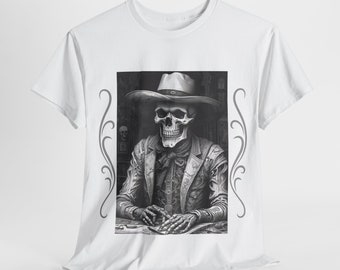 T-shirt graphique squelette Old West Cowboy Chemise western pour homme cadeau T-shirt graphique tête de mort sombre Art tatouage Style chemise pour homme manches de chemise