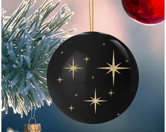 Christmas Ornament Christmas Decoration, Black Ceramic with Gold Stars, Christmas Star Black and Gold Ornament Seasonal Decor