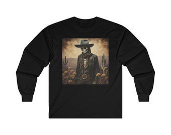 Chemise à manches longues de cow-boy Old West, chemise squelette d'Halloween, T-shirt vintage pour homme, chemise d'automne de cow-boy du Mexique occidental