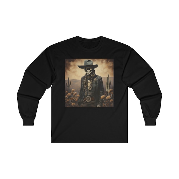 Old West Cowboy Long Sleeve Shirt, Halloween Skeleton Shirt, Mens Vintage T-Shirt, Western Mexican Cowboy Fall Shirt