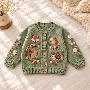 Könnte beinhalten: Eine salbeigrüne Strickjacke mit Rundhalsausschnitt und fünf braunen Knöpfen. Die Vorderseite und die Ärmel sind mit gestickten Waldtieren wie einem Fuchs, Eichhörnchen und einem Igel verziert, umgeben von bunten Blumenmotiven.