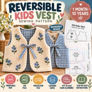 Könnte beinhalten: Ein Wendewesten-Schnittmuster für Kinder, bestehend aus einer cremefarbenen Sherpa-Seite mit blauer Blumenstickerei und einer blau-weiß karierten Seite. Das Schnittmuster enthält gedruckte Anleitungen, Diagramme und eine 6 mm Nahtzugabe.
