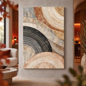 Tableau abstrait aux tons naturels, impression sur toile texturée circulaire, décoration moderne neutre, art Wabi Sabi d'inspiration japonaise, art rustique bohème pour le salon