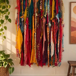 May include: A wall hanging composed of numerous vertical fabric strips in a vibrant array of colors including red, yellow, pink, teal, and orange. The strips feature various textures, patterns, and frayed edges, all suspended from a horizontal rod.