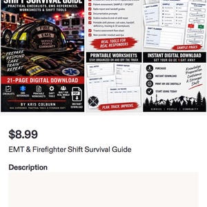 Peut inclure: Un guide numérique de 21 pages pour ambulanciers et pompiers comprenant des listes de contrôle, des références EMS et des feuilles de travail. Le guide présente une couverture avec un casque de pompier et des exemples de pages de planification.