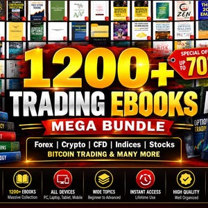 May include: A digital collection of 1200+ trading ebooks featuring a mega bundle of financial resources. The image displays a grid of book covers, a stack of five books, and text including Forex Trading, Bitcoin Trading, and a 70% off special offer tag.