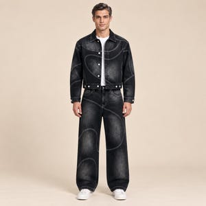 Men's Patchwork Denim Set, Black Jean Jacket and Wide Leg Jeans, Sold Separately or as a Two Piece Outfit