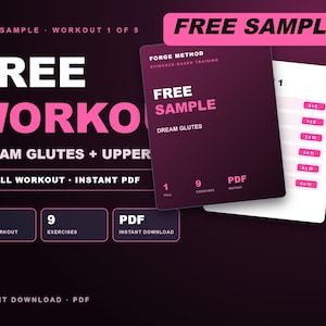 Gratis voorbeeld-pdf van een bilspiertraining, training 1 van 5 uit het Dream Glutes + Upper Body 4-weekse fitnessprogramma, gratis trainingsschema voor vrouwen.