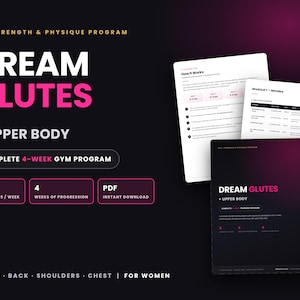 Op de afbeelding: Een digitaal kracht- en fysiekprogramma getiteld Dream Glutes + Upper Body. Het document bevat een 4-weeks sportschoolschema met 5 trainingen per week, in PDF-formaat. De lay-out bevat tekst over de werking en een trainingsschema voor de maandag.