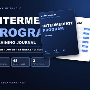 以下が含まれることがあります： Forge Method Intermediate Program and Training Journalというタイトルのデジタルバンドル。濃い青色のグラフィックには、週4回のワークアウト、48個のワークアウトログ、2つのPDFが含まれているというテキストが表示されています。青いボックスが付いた白いログシートが見えます。