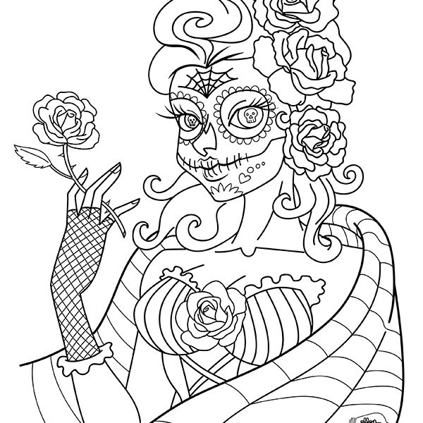 Sugar Skull Senorita Adult Coloring page Digital stamp