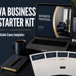 VA Business Starter Kit | 6 Canva-mallar för virtuella assistenter | Välkomstpaket, faktura, kontrakt, frågeformulär