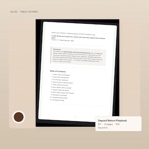 May include: A digital tablet displaying a document titled Move-Out Timeline, Cleaning Specs & Photo Evidence Log. The page includes a disclaimer, a table of contents with eleven sections, and a footer indicating page two of the playbook.