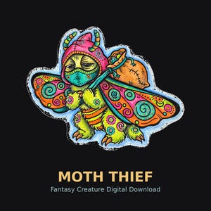 Può includere: Un'illustrazione colorata di una creatura falena con cappuccio rosa e mascherina turchese. La creatura ha grandi ali con motivi arancioni e turchesi, un corpo verde lime peloso e porta un sacco marrone. Il testo recita MOTH THIEF.