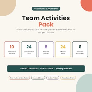May include: A digital Team Activities Pack for customer support teams featuring printable icebreakers, remote games, and morale ideas. Includes 10 icebreaker formats, 24 conversation cards, 8 remote games, 24 morale ideas, and 6 printable worksheets.