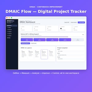 May include: A digital project tracker interface titled DMAIC Flow on a screen. The dashboard displays project phases including Define, Measure, Analyze, Improve, and Control. It features progress bars, project snapshots, and metrics for billing support.