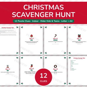 May include: A Christmas Scavenger Hunt printable set featuring 12 puzzle clues for indoor play. The pages include festive icons like a bell, candy cane, gift, snow globe, stocking, and wreath, with text instructions and riddles for older kids and teens.