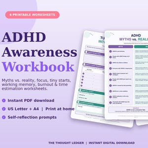 Puede incluir: Un conjunto de seis hojas de trabajo imprimibles sobre la concienciación del TDAH con una tabla titulada ADHD Myths vs. Reality. Los documentos incluyen secciones sobre enfoque, memoria de trabajo, agotamiento y estimación del tiempo.