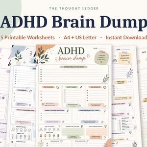 Op de afbeelding: Een set van vijf printbare ADHD brain dump werkbladen met secties voor topprioriteiten, te delegeren taken en dagelijkse reflecties. De pagina's bevatten zachtgekleurde botanische illustraties, opsommingslijsten en tekstkoppen in het Engels.