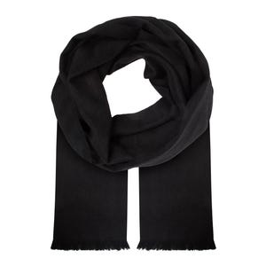 May include: A solid black scarf with a soft, matte texture and a looped design. The scarf features straight, fringed edges at both ends, creating a clean and uniform appearance. The fabric is draped to form a circular opening in the center.