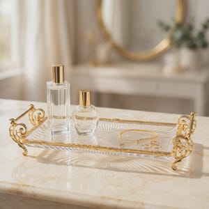 Puede incluir: Una bandeja rectangular de cristal para tocador con una base de patrón de rayos de sol y asas y patas de metal dorado ornamentadas. Dos frascos de perfume de cristal transparente con tapones dorados y una pulsera de cadena dorada.