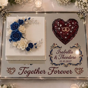 Könnte beinhalten: Ein rechteckiges Spiegeltablett mit einem quadratischen weißen Kuchen, verziert mit blauen und weißen Rosen und silbernen Blättern, einem dunkelroten herzförmigen Ringhalter mit zwei Goldringen sowie dem Text Isabella & Theodore 15.10.2027 und Together Forever.