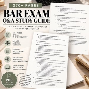 May include: A Bar Exam Q&A study guide with 270+ pages, featuring a white document with black text on constitutional law topics. The cover displays the title, bulleted lists of features, and icons for pages, scales, lists, targets, and a PDF download symbol.