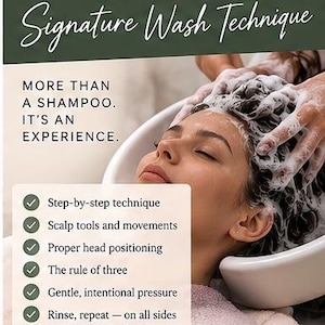 Könnte beinhalten: Ein weißes Waschbecken für Haarwäschen mit einer Person, die sich die Haare waschen lässt. Text: 4. SIGNATURE WASH TECHNIQUE, THE I-DLOOM BASIN, Signature Wash Technique, MORE THAN A SHAMPOO. IT'S AN EXPERIENCE. Step-by-step technique, Scalp tools and movements, Proper head positioning, The rule of three, Gentle, intentional pressure, Rinse, repeat — on all sides, Learn the technique that keeps them coming back.