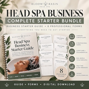 Puede incluir: Un paquete completo de inicio para negocio de spa capilar que incluye una guía encuadernada en espiral con una persona recibiendo un tratamiento, junto con ocho formularios profesionales imprimibles para consultas y registros de clientes.