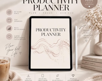 Digital Productivity Planner | Printable Daily Weekly Monthly Planner | Goal Planner, Habit Tracker & Schedule | Minimal PDF Planner