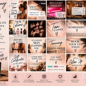 Puede incluir: Una colección de veinte gráficos para redes sociales para un salón de bronceado, con superposiciones de texto, imágenes de playa e información de servicios. Las plantillas incluyen frases como Good Tan Good Mood y Red Light Therapy.