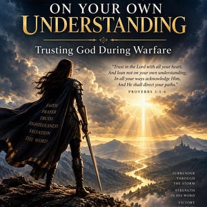 May include: A book cover titled Lean Not On Your Own Understanding: Trusting God During Warfare by Jazzmin Ledesma. It features a warrior in armour and a cape standing on a cliff overlooking a valley at sunset with the text of Proverbs 3:5-6.