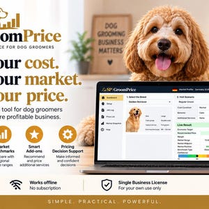 Puede incluir: Un ordenador portátil que muestra la interfaz del software SP GroomPrice, con un panel de control para la selección de razas y métricas de precios. La pantalla presenta una imagen de un Golden Retriever, datos de mercado y resultados financieros.