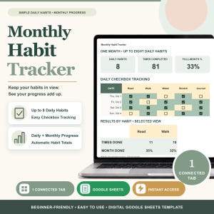 Monthly Habit Tracker for Google Sheets | Daily Checkboxes and Automatic Progress
