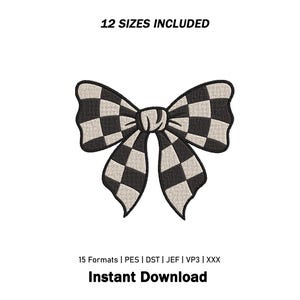 Puede incluir: Un diseño de bordado de un lazo con un patrón de cuadros blancos y negros. El texto de arriba dice 12 SIZES INCLUDED y el texto de abajo dice 15 Formats | PES | DST | JEF | VP3 | XXX e Instant Download.