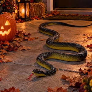 May include: A long, realistic snake figurine with a textured black and yellow body, featuring a prominent red forked tongue protruding from its mouth. The snake is positioned in a winding, S-shaped curve across a stone surface with autumn leaves.
