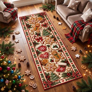 May include: A rectangular area rug featuring a festive Christmas pattern with gingerbread people, candy canes, snowflakes, stockings, and evergreen branches. The design includes red bows and holly berries on a cream background with a red border.