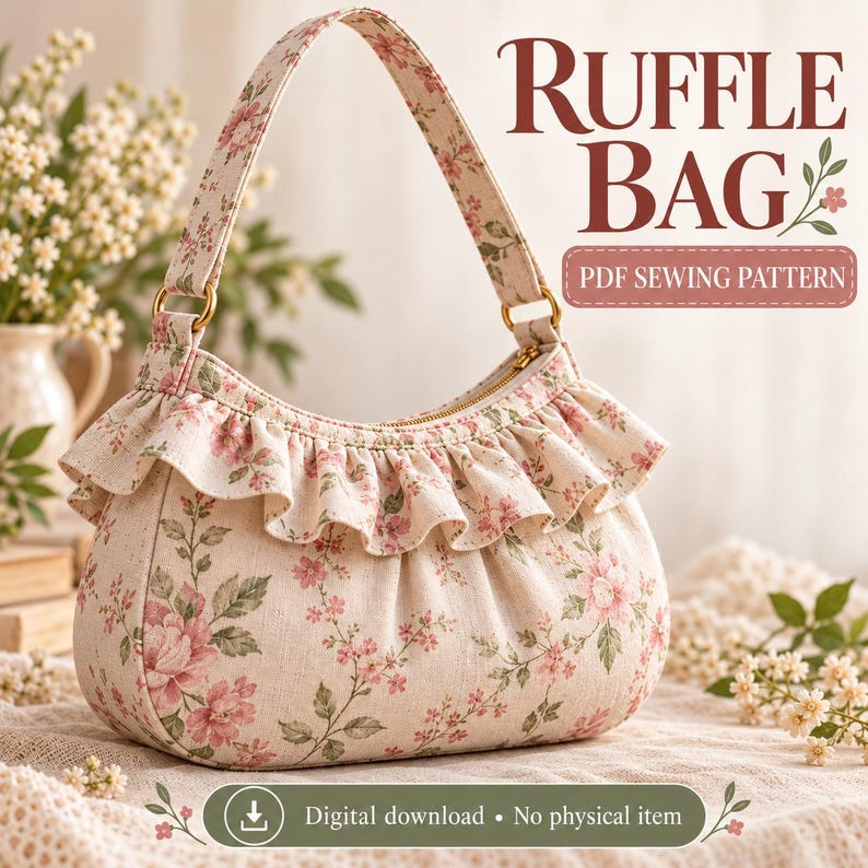 Professional Handbag Pattern Ruffle Shoulder Bag Sewing Pattern, Floral Purse Tutorial (digital ...