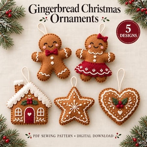 Gingerbread Christmas Ornaments Felt Sewing Pattern, PDF & SVG, Scandinavian Nordic Decor