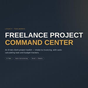以下が含まれることがあります： Legacy Toolworks Freelance Project Command Centerというタイトルのダークブルーのデジタルドキュメント。8つのタブを備えたクライアントプロジェクトツールキットで、取り込みから請求まで、タスクと予算の自動計算トラッカー、ExcelおよびSheetsとの互換性があります。